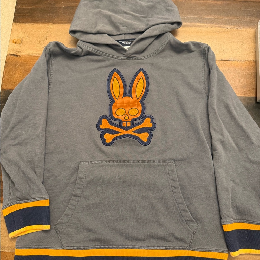 Gray Hoodie with Orange Skull Bunny Design